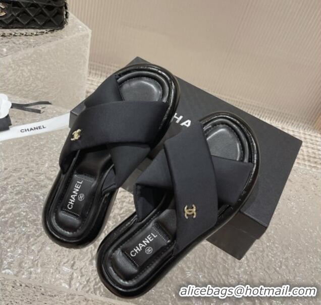 Best Price Chanel Fabric Slide Sandals with Cross Strap Black 527052