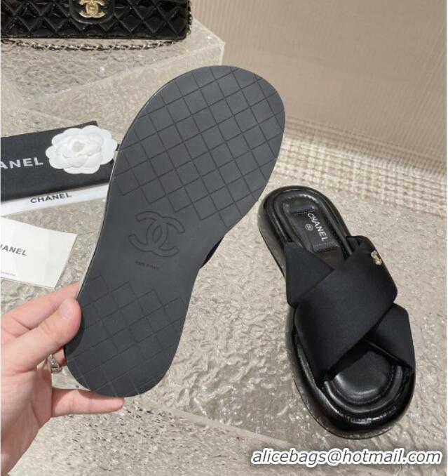 Best Price Chanel Fabric Slide Sandals with Cross Strap Black 527052