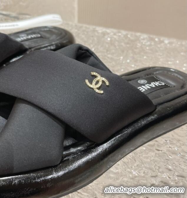 Best Price Chanel Fabric Slide Sandals with Cross Strap Black 527052