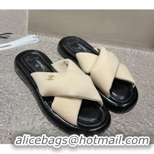 Good Quality Chanel Fabric Slide Sandals with Cross Strap Beige 527053