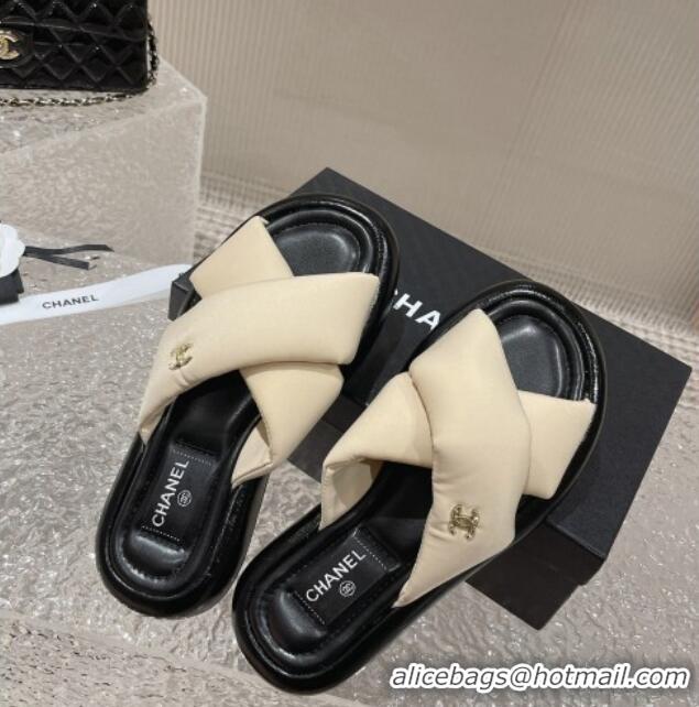 Good Quality Chanel Fabric Slide Sandals with Cross Strap Beige 527053