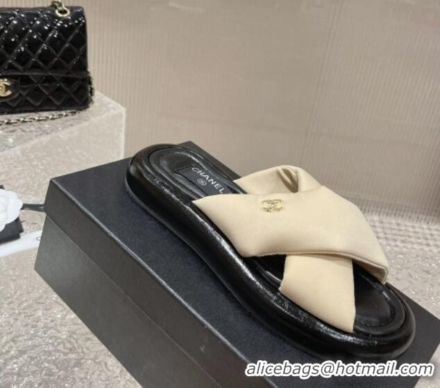 Good Quality Chanel Fabric Slide Sandals with Cross Strap Beige 527053