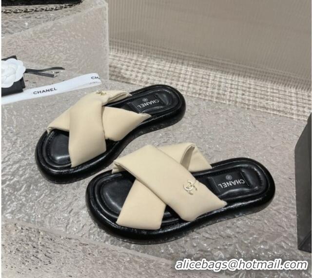 Good Quality Chanel Fabric Slide Sandals with Cross Strap Beige 527053