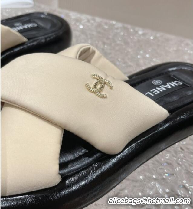 Good Quality Chanel Fabric Slide Sandals with Cross Strap Beige 527053