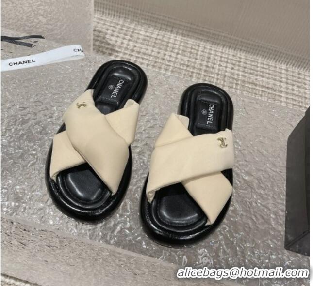 Good Quality Chanel Fabric Slide Sandals with Cross Strap Beige 527053