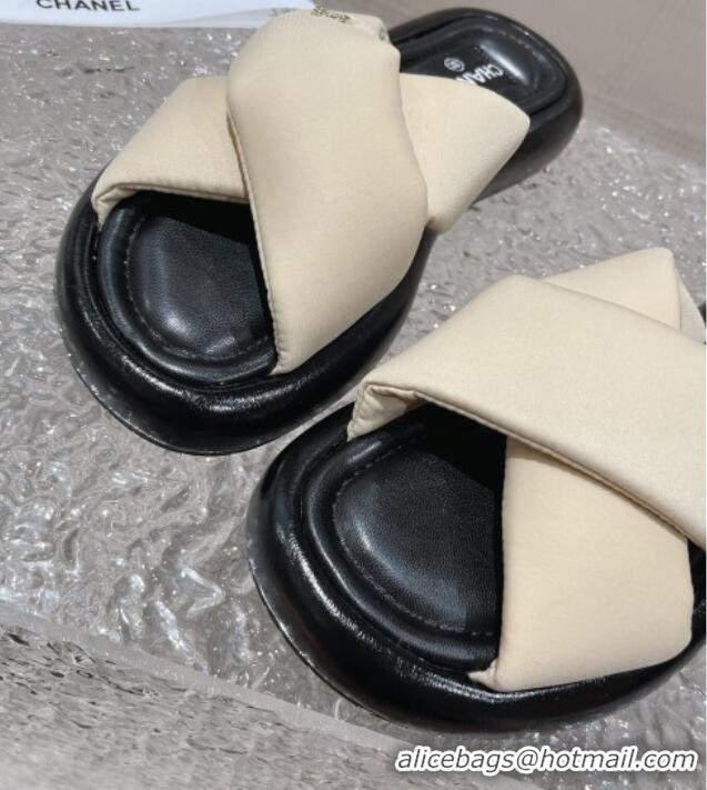 Good Quality Chanel Fabric Slide Sandals with Cross Strap Beige 527053