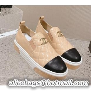 Good Looking Chanel Quilted Lambskin Platform Loafers Beige 527055