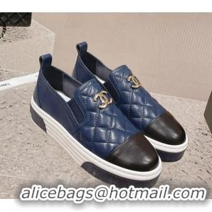 Pretty Style Chanel Quilted Lambskin Platform Loafers Navy Blue 527056