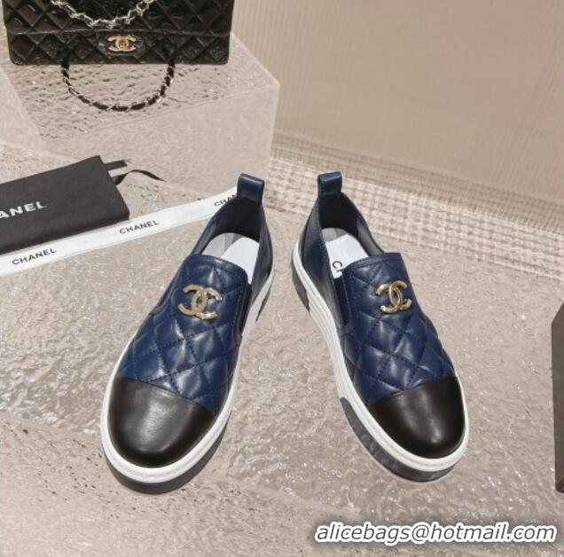 Pretty Style Chanel Quilted Lambskin Platform Loafers Navy Blue 527056