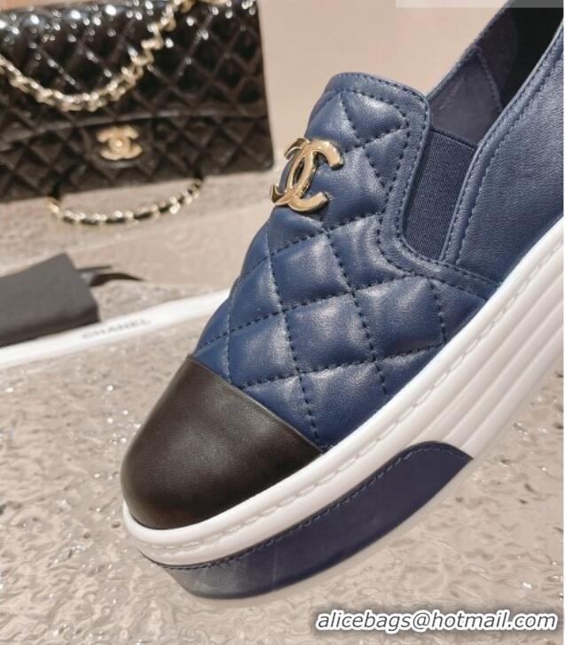 Pretty Style Chanel Quilted Lambskin Platform Loafers Navy Blue 527056