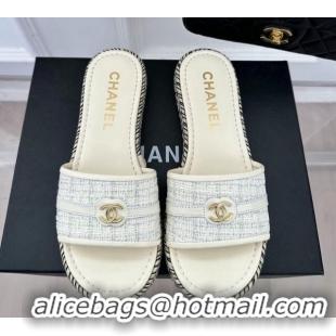 Most Popular Chanel Tweed Flat Slide Sandals with CC Leather Band White 527059