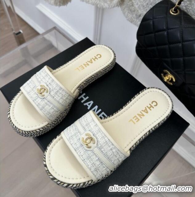 Most Popular Chanel Tweed Flat Slide Sandals with CC Leather Band White 527059