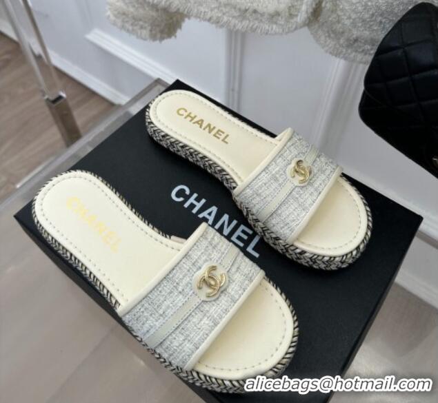 Most Popular Chanel Tweed Flat Slide Sandals with CC Leather Band White 527059