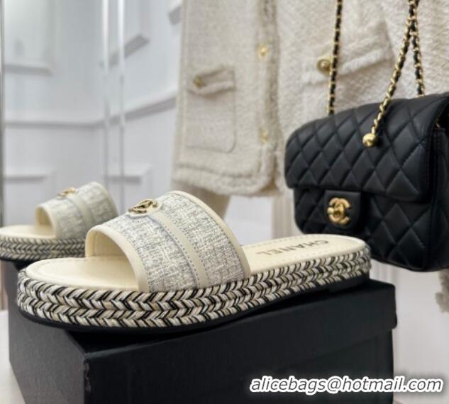 Most Popular Chanel Tweed Flat Slide Sandals with CC Leather Band White 527059