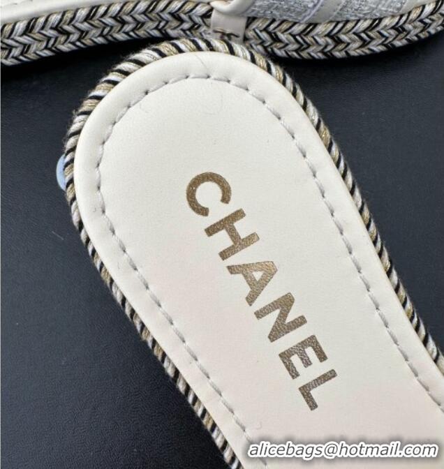 Most Popular Chanel Tweed Flat Slide Sandals with CC Leather Band White 527059