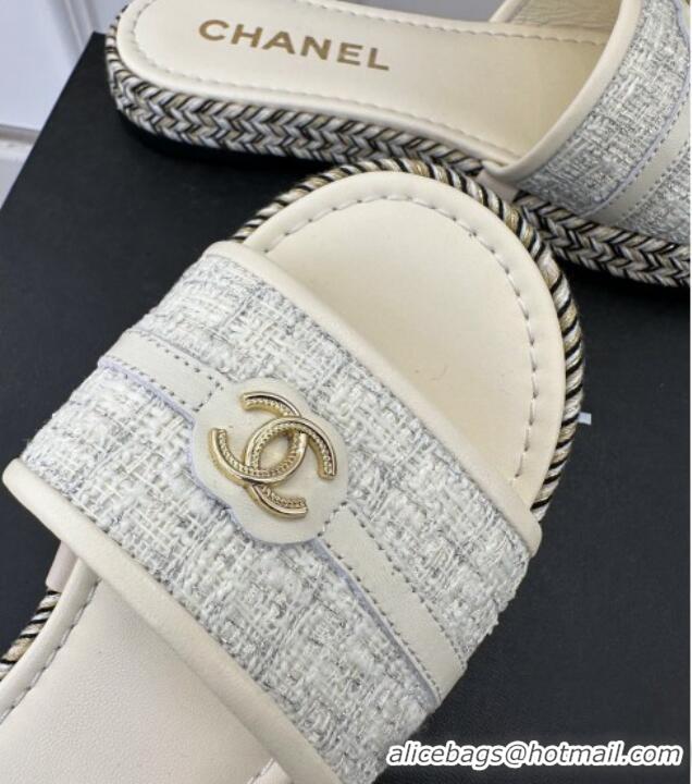 Most Popular Chanel Tweed Flat Slide Sandals with CC Leather Band White 527059