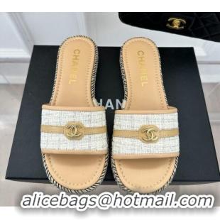 Durable Chanel Tweed Flat Slide Sandals with CC Leather Band Beige 527060