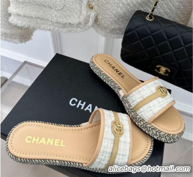 Durable Chanel Tweed Flat Slide Sandals with CC Leather Band Beige 527060