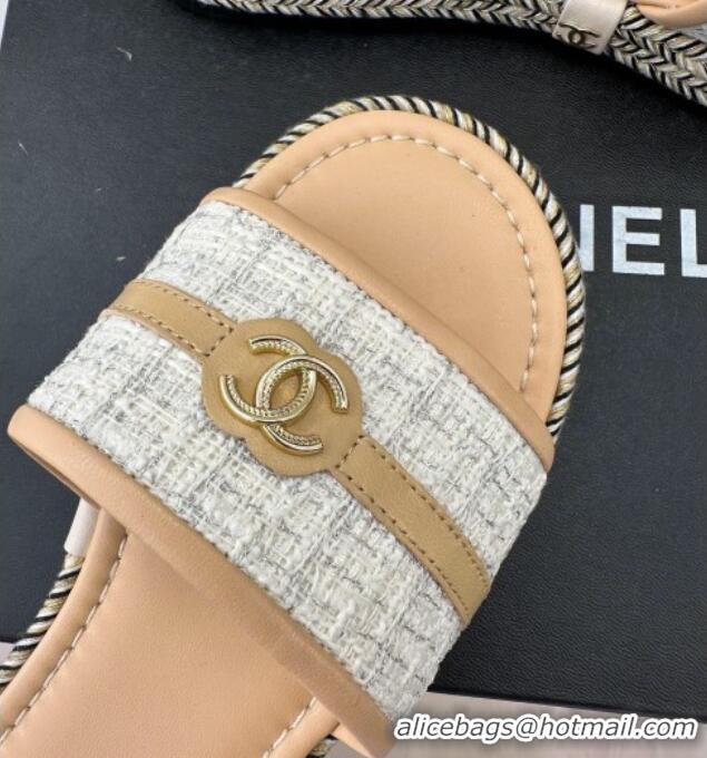 Durable Chanel Tweed Flat Slide Sandals with CC Leather Band Beige 527060