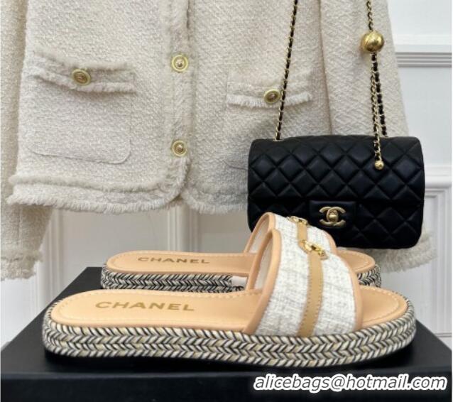 Durable Chanel Tweed Flat Slide Sandals with CC Leather Band Beige 527060