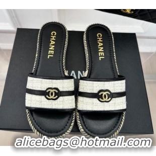 Popular Style Chanel Tweed Flat Slide Sandals with CC Leather Band Black 527061