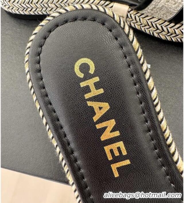 Popular Style Chanel Tweed Flat Slide Sandals with CC Leather Band Black 527061