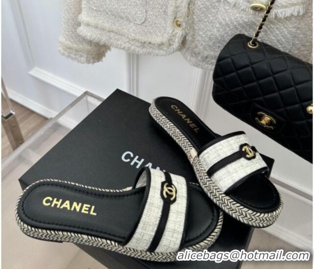 Popular Style Chanel Tweed Flat Slide Sandals with CC Leather Band Black 527061