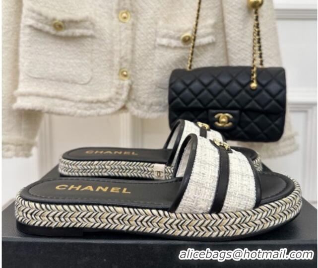 Popular Style Chanel Tweed Flat Slide Sandals with CC Leather Band Black 527061