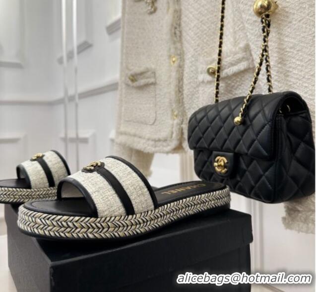 Popular Style Chanel Tweed Flat Slide Sandals with CC Leather Band Black 527061