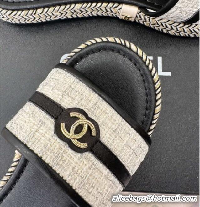 Popular Style Chanel Tweed Flat Slide Sandals with CC Leather Band Black 527061