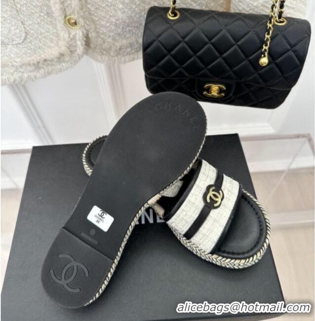 Popular Style Chanel Tweed Flat Slide Sandals with CC Leather Band Black 527061