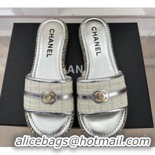 Top Design Chanel Tweed Flat Slide Sandals with CC Leather Band Silver 527062