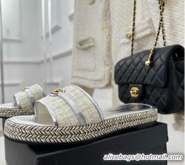 Top Design Chanel Tweed Flat Slide Sandals with CC Leather Band Silver 527062