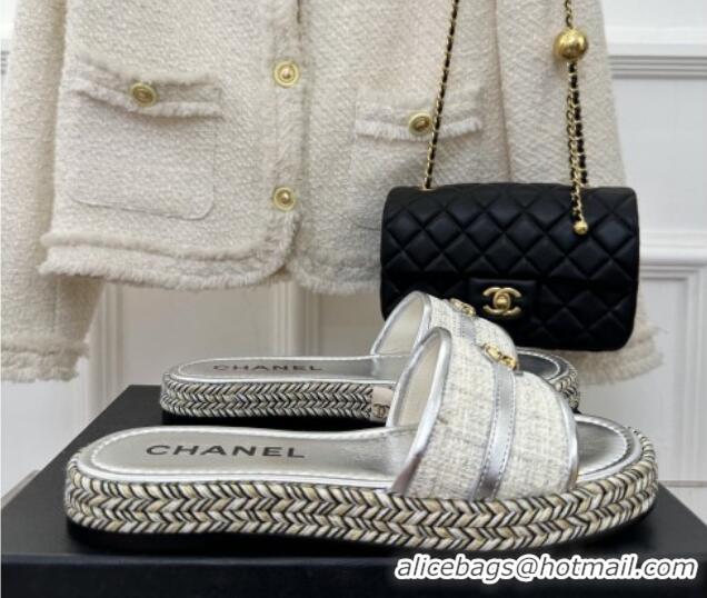 Top Design Chanel Tweed Flat Slide Sandals with CC Leather Band Silver 527062