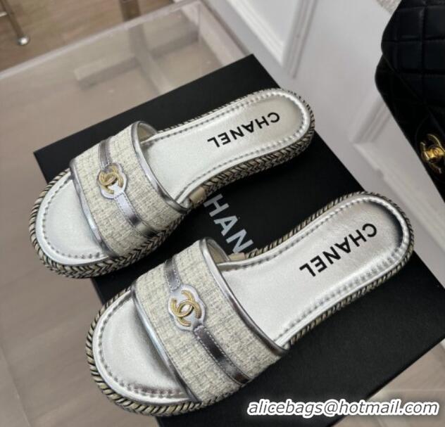 Top Design Chanel Tweed Flat Slide Sandals with CC Leather Band Silver 527062