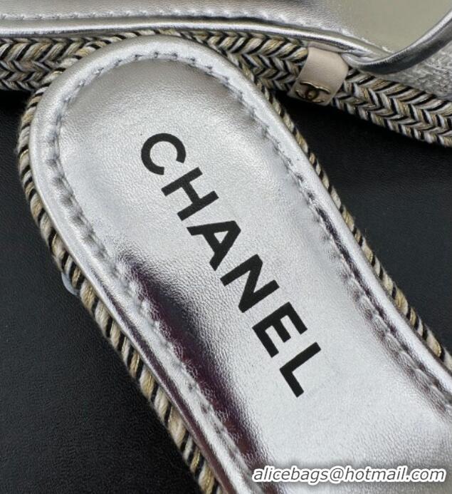 Top Design Chanel Tweed Flat Slide Sandals with CC Leather Band Silver 527062