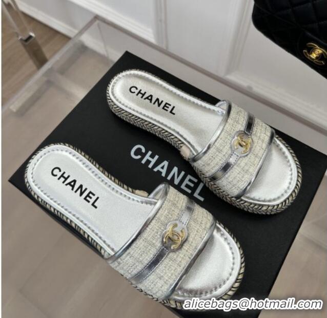 Top Design Chanel Tweed Flat Slide Sandals with CC Leather Band Silver 527062