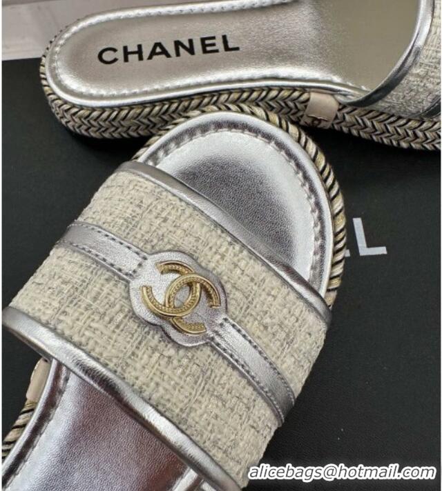 Top Design Chanel Tweed Flat Slide Sandals with CC Leather Band Silver 527062