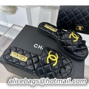 Luxurious Chanel Quilted Lambskin Flat Sandals with Metal CC Black 619073