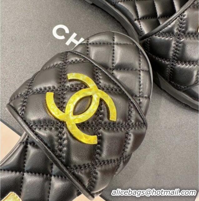 Luxurious Chanel Quilted Lambskin Flat Sandals with Metal CC Black 619073