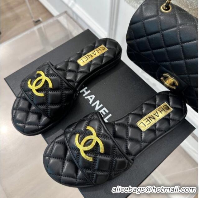 Luxurious Chanel Quilted Lambskin Flat Sandals with Metal CC Black 619073