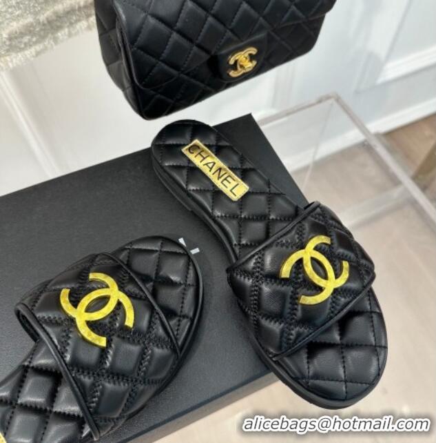 Luxurious Chanel Quilted Lambskin Flat Sandals with Metal CC Black 619073