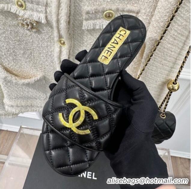 Luxurious Chanel Quilted Lambskin Flat Sandals with Metal CC Black 619073