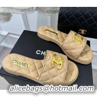 Grade Quality Chanel Quilted Lambskin Flat Sandals with Metal CC Beige 619074