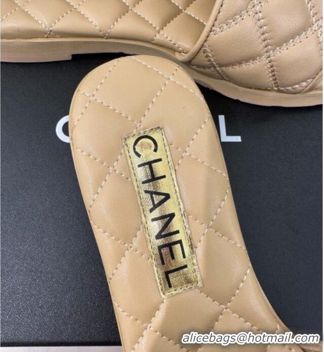 Grade Quality Chanel Quilted Lambskin Flat Sandals with Metal CC Beige 619074