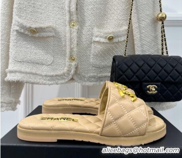 Grade Quality Chanel Quilted Lambskin Flat Sandals with Metal CC Beige 619074