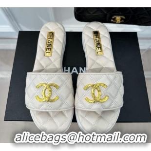 Best Grade Chanel Quilted Lambskin Flat Sandals with Metal CC White 619075