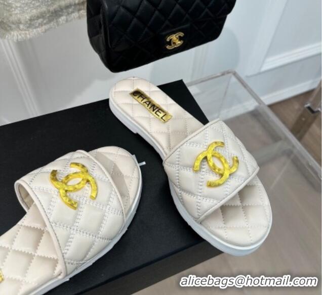 Best Grade Chanel Quilted Lambskin Flat Sandals with Metal CC White 619075