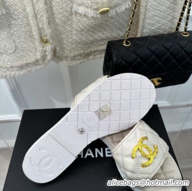 Best Grade Chanel Quilted Lambskin Flat Sandals with Metal CC White 619075