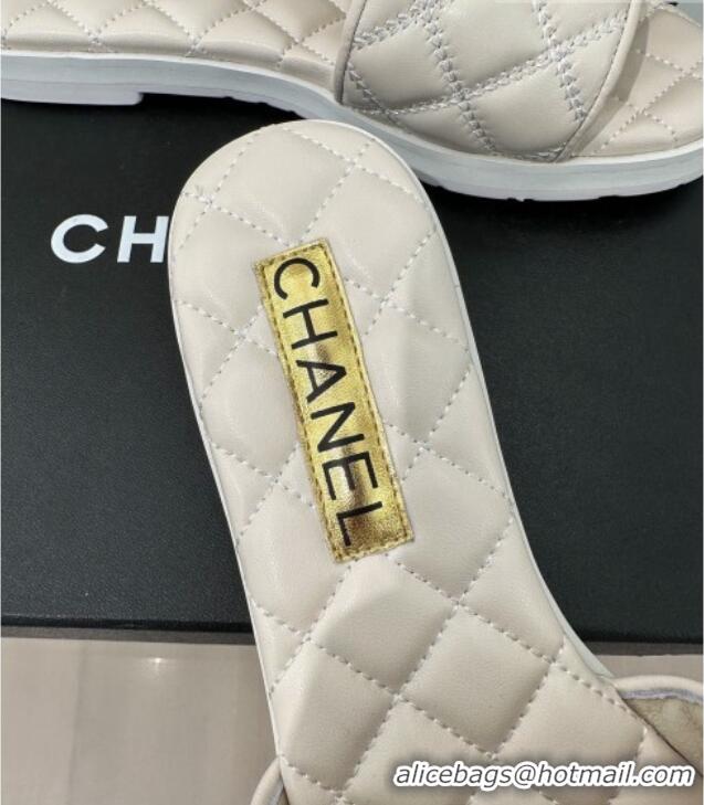 Best Grade Chanel Quilted Lambskin Flat Sandals with Metal CC White 619075